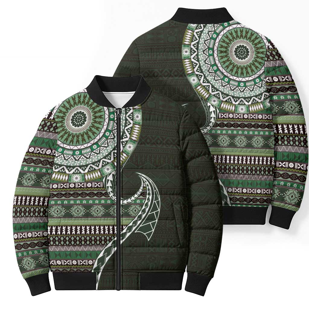 Fijian Masi Tribal Tattoos Art Pattern Bomber Puffer Jacket Green Color Half Style LT03 - Polynesian Pride