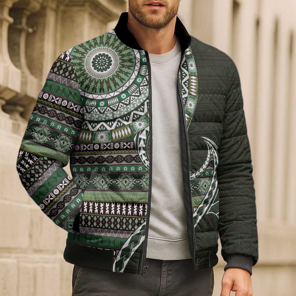 Fijian Masi Tribal Tattoos Art Pattern Bomber Puffer Jacket Green Color Half Style LT03 - Polynesian Pride
