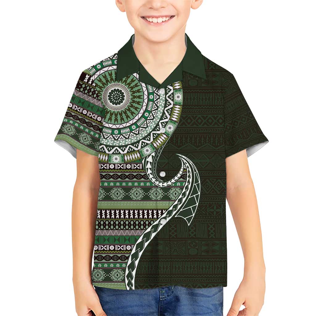 Fijian Masi Tribal Tattoos Art Pattern Hawaiian Shirt Green Color Half Style LT03 - Polynesian Pride