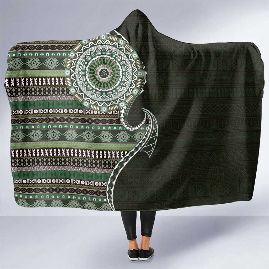 Fijian Masi Tribal Tattoos Art Pattern Hooded Blanket Green Color Half Style LT03 One Size Green - Polynesian Pride