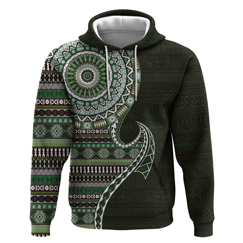 Fijian Masi Tribal Tattoos Art Pattern Hoodie Green Color Half Style LT03 Pullover Hoodie Green - Polynesian Pride