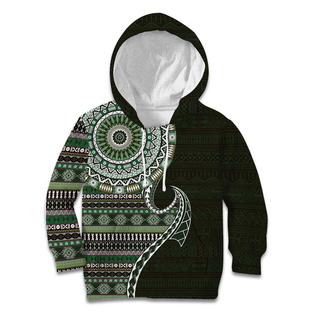 Fijian Masi Tribal Tattoos Art Pattern Kid Hoodie Green Color Half Style LT03 Hoodie Green - Polynesian Pride