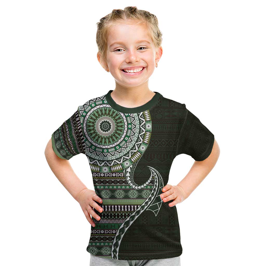Fijian Masi Tribal Tattoos Art Pattern Kid T Shirt Green Color Half Style LT03 Green - Polynesian Pride