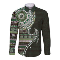 Fijian Masi Tribal Tattoos Art Pattern Long Sleeve Button Shirt Green Color Half Style LT03 Unisex Green - Polynesian Pride