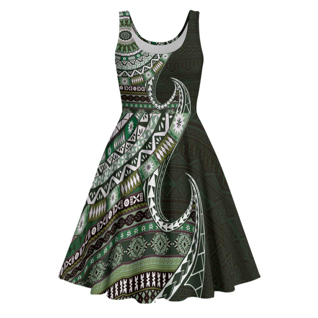 Fijian Masi Tribal Tattoos Art Pattern Midi Dress Green Color Half Style LT03 Green - Polynesian Pride
