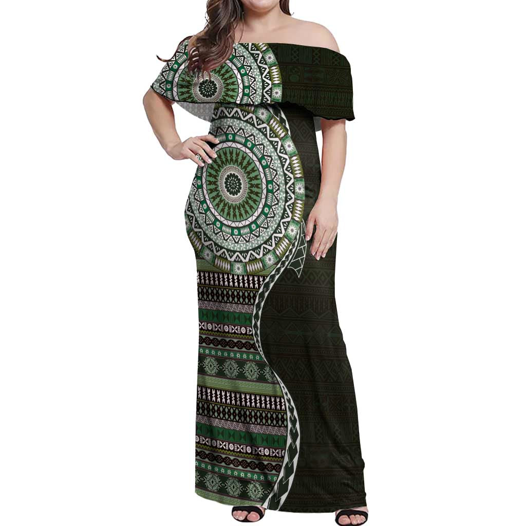 Fijian Masi Tribal Tattoos Art Pattern Off Shoulder Maxi Dress Green Color Half Style LT03 Women Green - Polynesian Pride