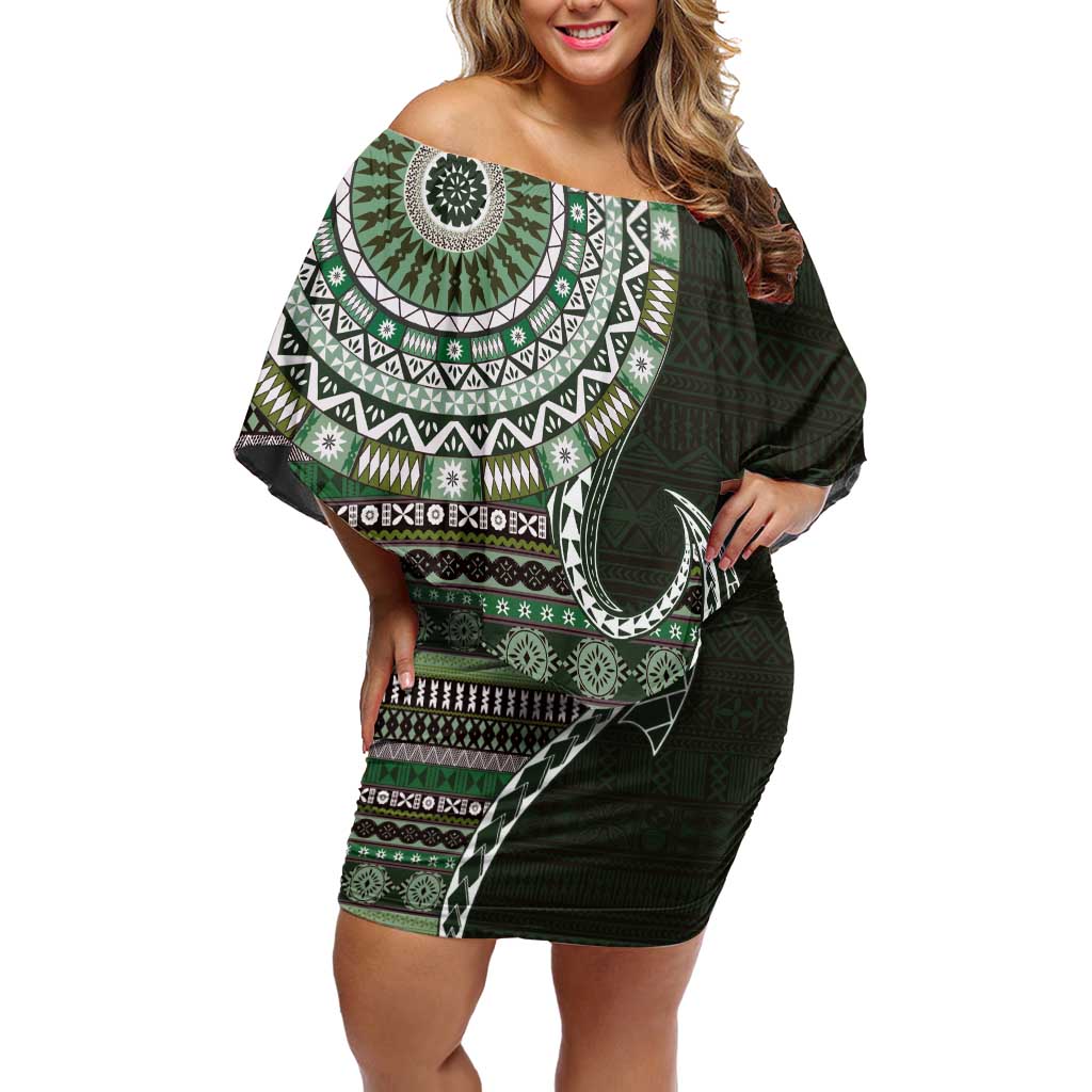 Fijian Masi Tribal Tattoos Art Pattern Off Shoulder Short Dress Green Color Half Style LT03 Women Green - Polynesian Pride