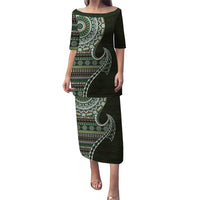 Fijian Masi Tribal Tattoos Art Pattern Puletasi Green Color Half Style LT03 Long Dress Green - Polynesian Pride