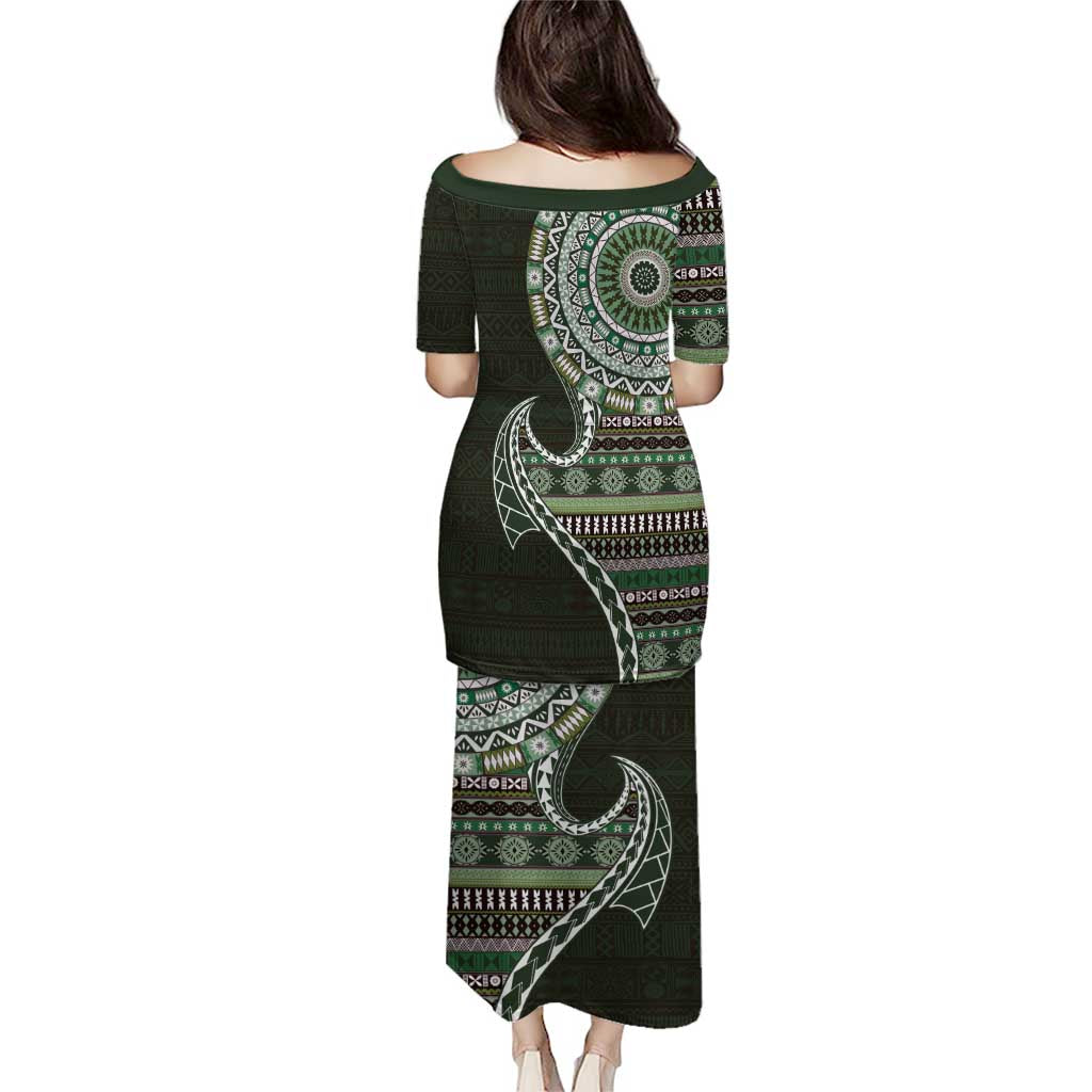 Fijian Masi Tribal Tattoos Art Pattern Puletasi Green Color Half Style LT03 - Polynesian Pride