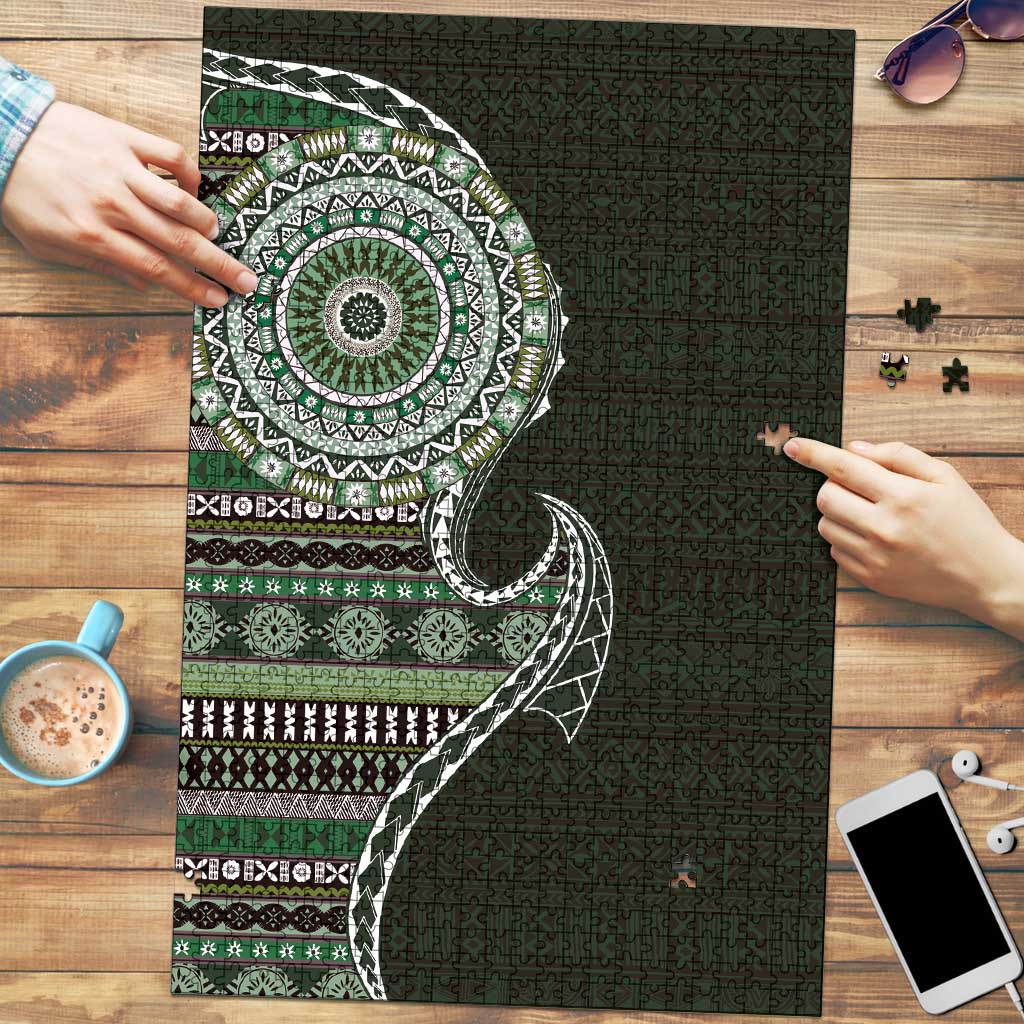 Fijian Masi Tribal Tattoos Art Pattern Puzzle Green Color Half Style LT03 Green - Polynesian Pride