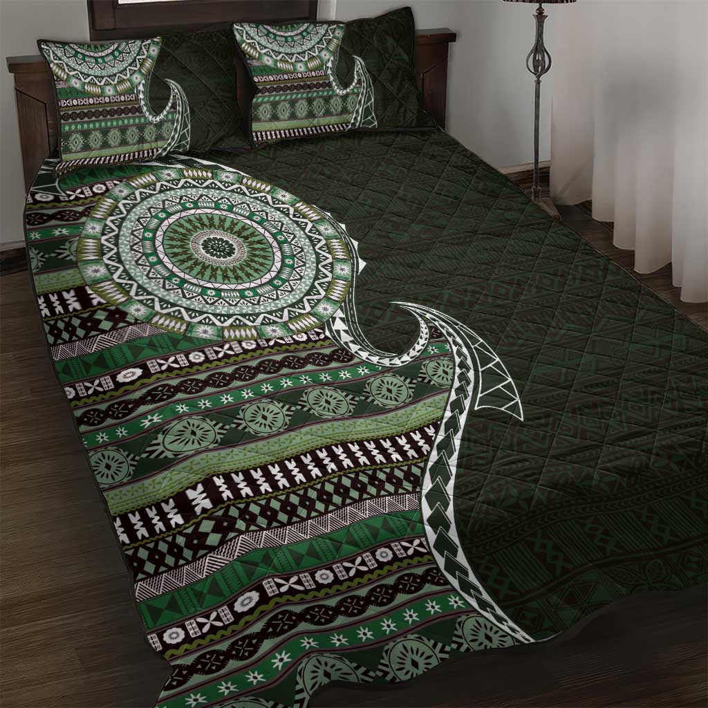 Fijian Masi Tribal Tattoos Art Pattern Quilt Bed Set Green Color Half Style LT03 Green - Polynesian Pride