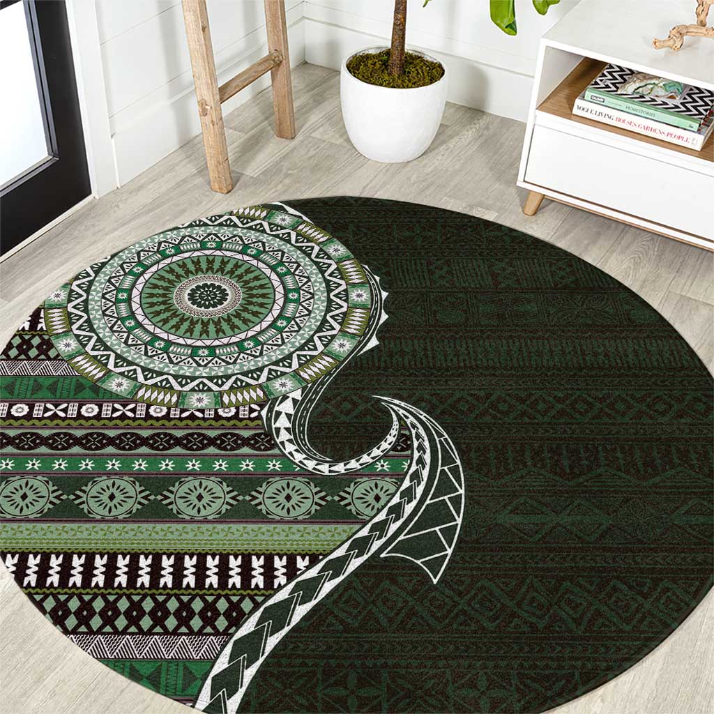 Fijian Masi Tribal Tattoos Art Pattern Round Carpet Green Color Half Style LT03 Green - Polynesian Pride