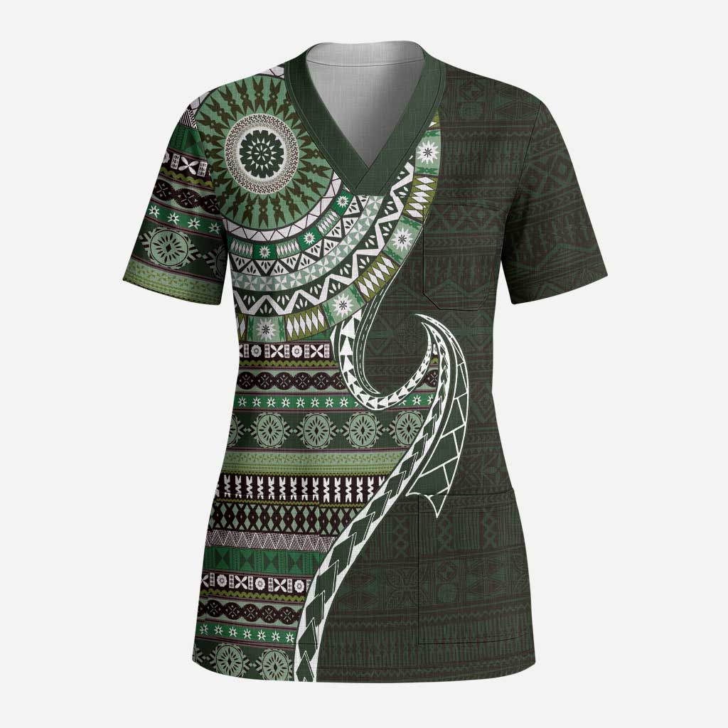 Fijian Masi Tribal Tattoos Art Pattern Scrub Top Green Color Half Style LT03 Adult Green - Polynesian Pride