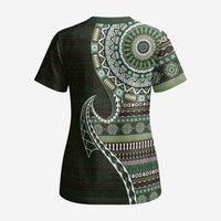 Fijian Masi Tribal Tattoos Art Pattern Scrub Top Green Color Half Style LT03 - Polynesian Pride