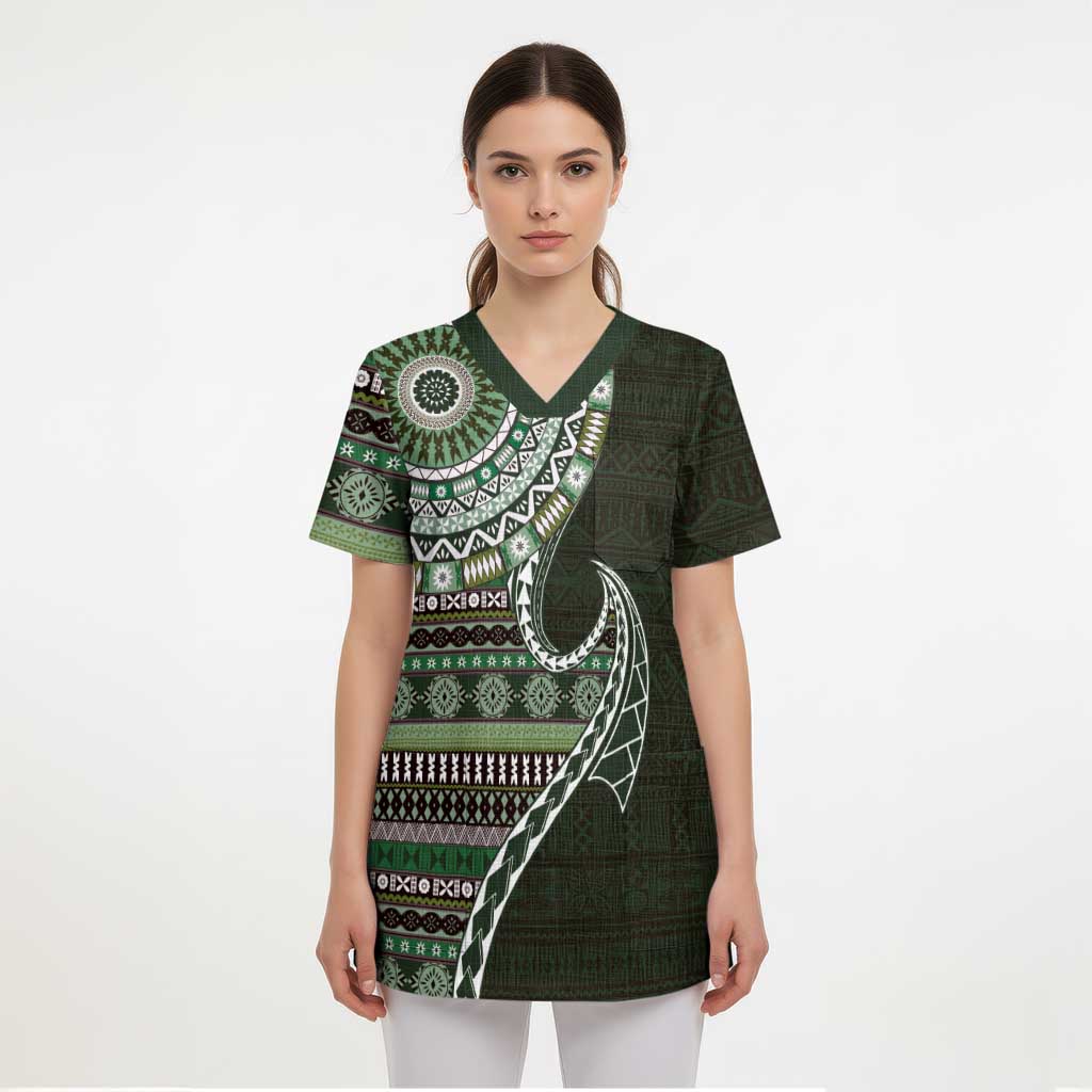 Fijian Masi Tribal Tattoos Art Pattern Scrub Top Green Color Half Style LT03 - Polynesian Pride