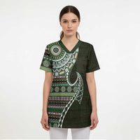 Fijian Masi Tribal Tattoos Art Pattern Scrub Top Green Color Half Style LT03 - Polynesian Pride