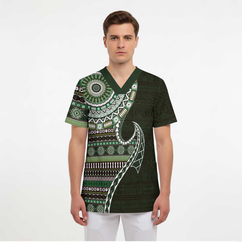 Fijian Masi Tribal Tattoos Art Pattern Scrub Top Green Color Half Style LT03 - Polynesian Pride
