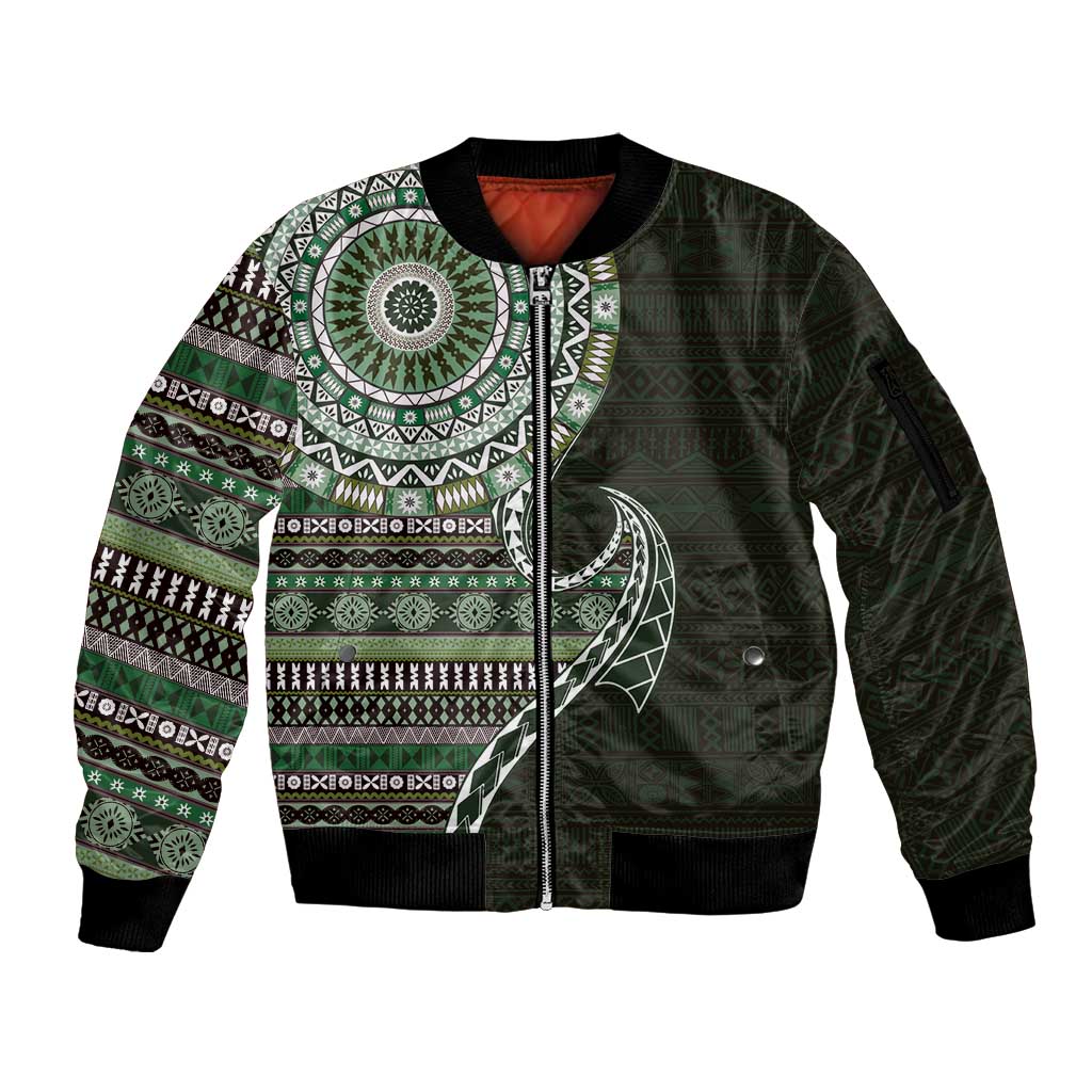 Fijian Masi Tribal Tattoos Art Pattern Sleeve Zip Bomber Jacket Green Color Half Style LT03 Unisex Green - Polynesian Pride
