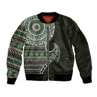Fijian Masi Tribal Tattoos Art Pattern Sleeve Zip Bomber Jacket Green Color Half Style LT03 Unisex Green - Polynesian Pride