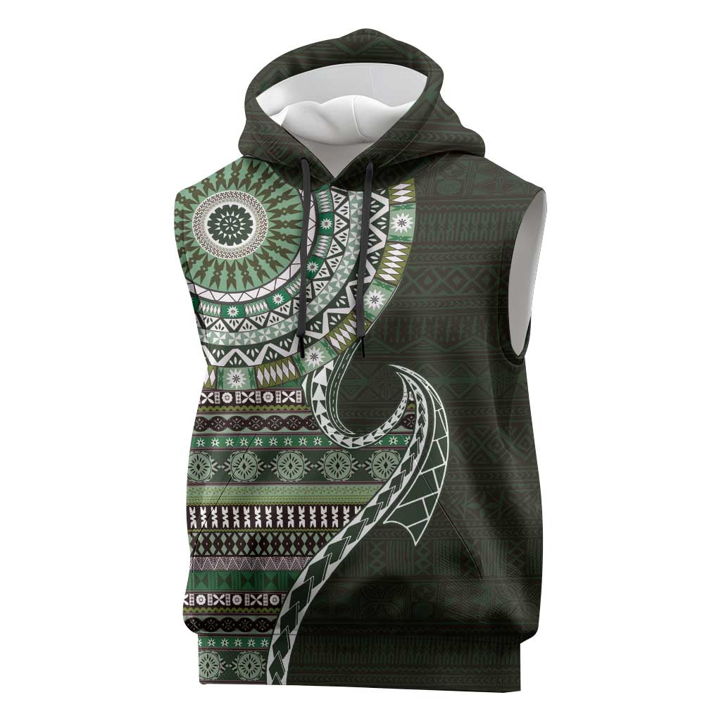 Fijian Masi Tribal Tattoos Art Pattern Sleeveless Hoodie Green Color Half Style LT03 Green - Polynesian Pride