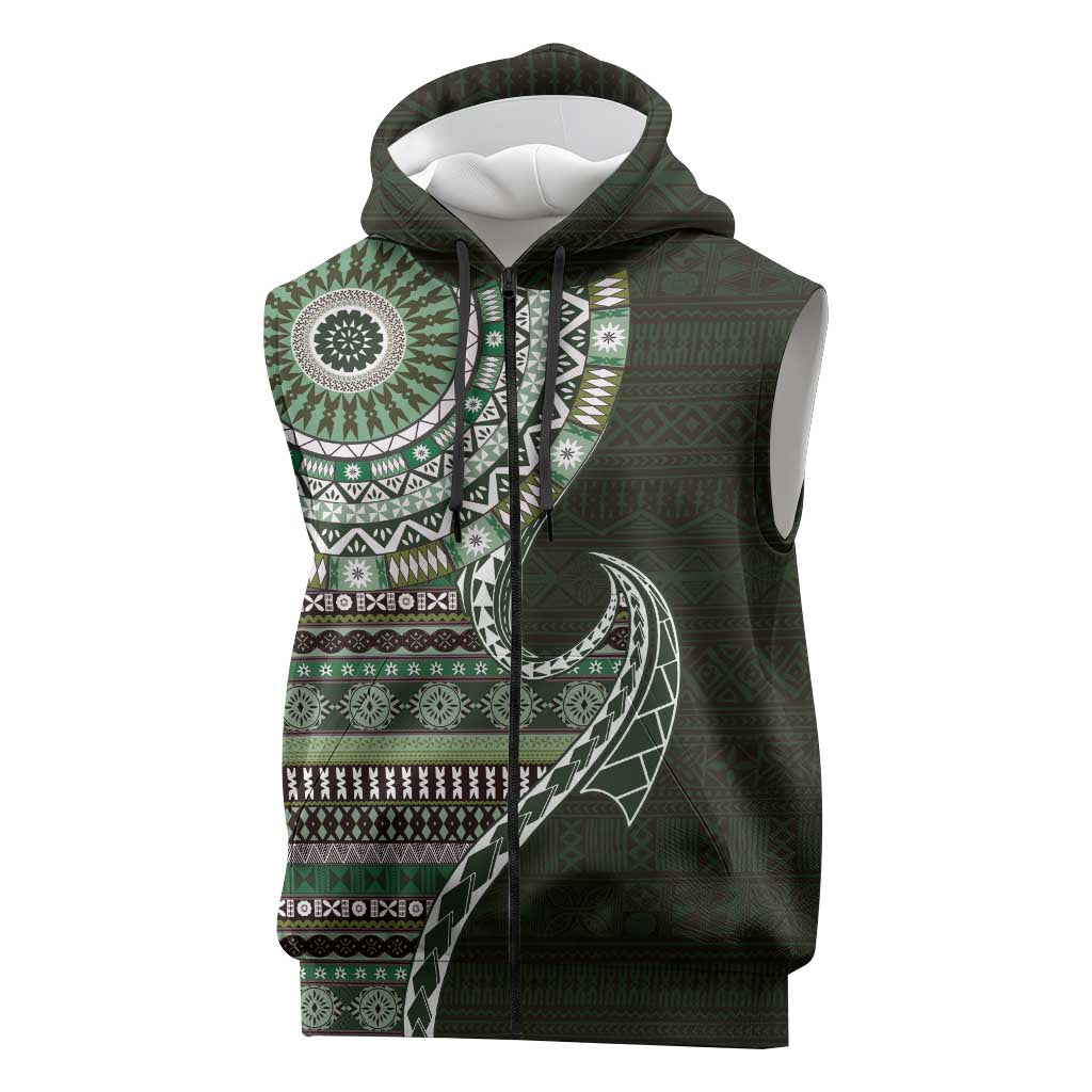 Fijian Masi Tribal Tattoos Art Pattern Sleeveless Zip Hoodie Green Color Half Style LT03 Green - Polynesian Pride