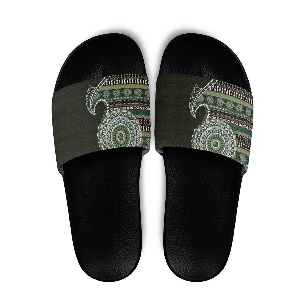 Fijian Masi Tribal Tattoos Art Pattern Slide Sandals Green Color Half Style LT03 Green - Polynesian Pride