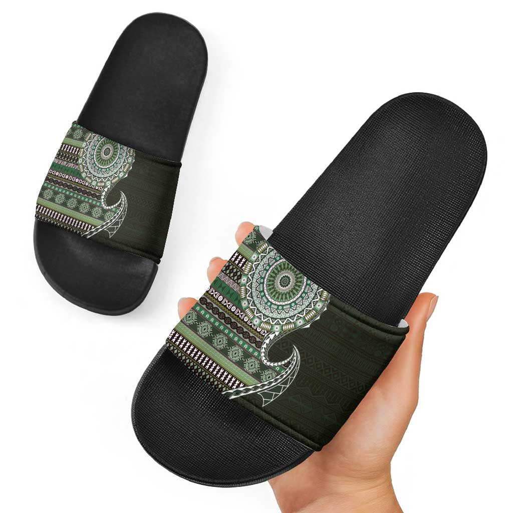 Fijian Masi Tribal Tattoos Art Pattern Slide Sandals Green Color Half Style LT03 - Polynesian Pride