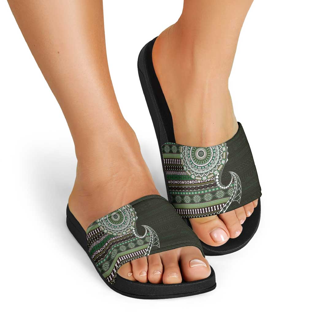 Fijian Masi Tribal Tattoos Art Pattern Slide Sandals Green Color Half Style LT03 - Polynesian Pride
