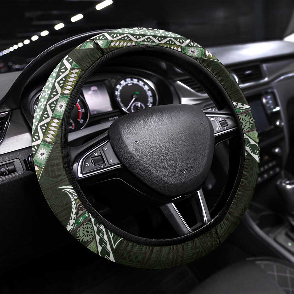 Fijian Masi Tribal Tattoos Art Pattern Steering Wheel Cover Green Color Half Style LT03 Universal Fit Green - Polynesian Pride