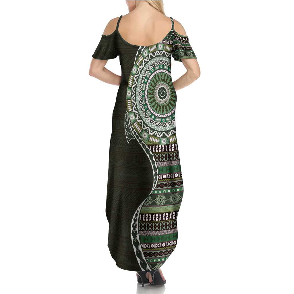 Fijian Masi Tribal Tattoos Art Pattern Summer Maxi Dress Green Color Half Style LT03 - Polynesian Pride