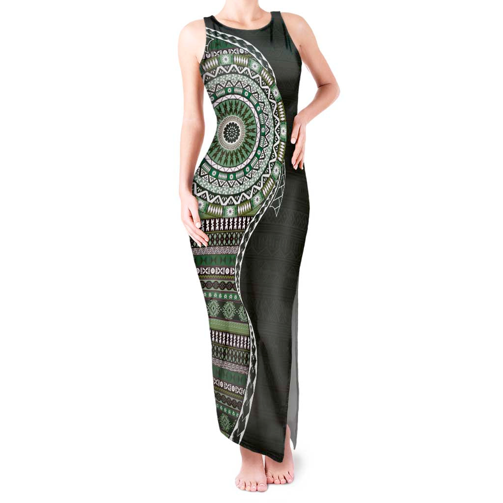 Fijian Masi Tribal Tattoos Art Pattern Tank Maxi Dress Green Color Half Style LT03 Women Green - Polynesian Pride