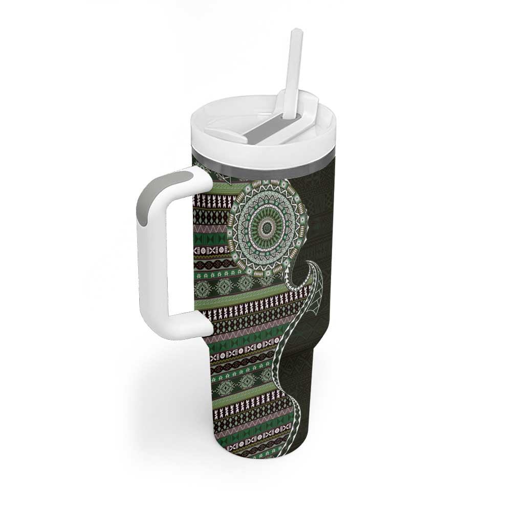 Fijian Masi Tribal Tattoos Art Pattern Tumbler With Handle Green Color Half Style LT03 - Polynesian Pride