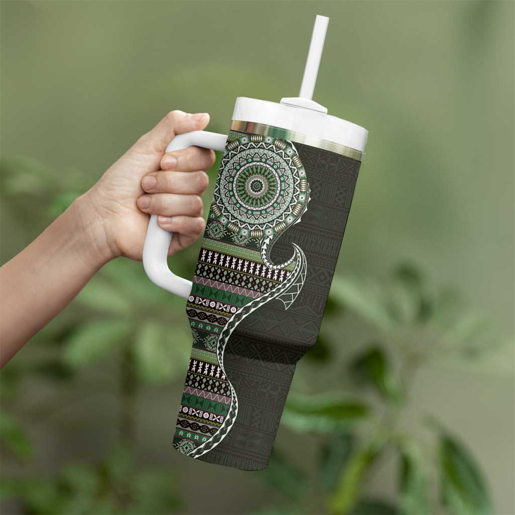 Fijian Masi Tribal Tattoos Art Pattern Tumbler With Handle Green Color Half Style LT03 - Polynesian Pride
