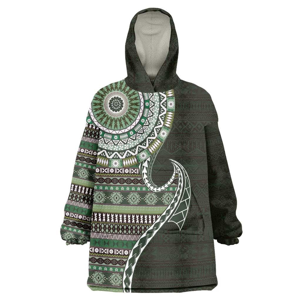 Fijian Masi Tribal Tattoos Art Pattern Wearable Blanket Hoodie Green Color Half Style LT03 One Size Green - Polynesian Pride