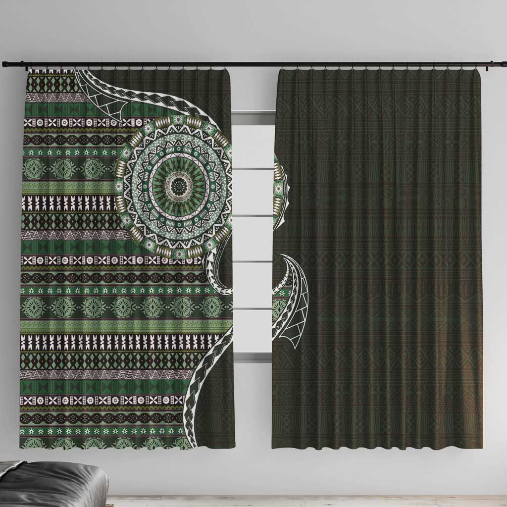 Fijian Masi Tribal Tattoos Art Pattern Window Curtain Green Color Half Style LT03 With Hooks Green - Polynesian Pride