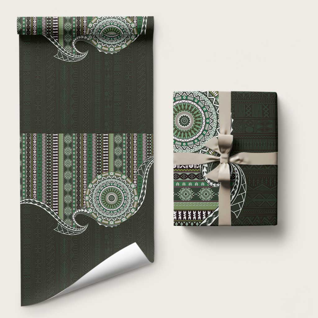 Fijian Masi Tribal Tattoos Art Pattern Wrapping Paper Green Color Half Style LT03 58" × 23" Green - Polynesian Pride