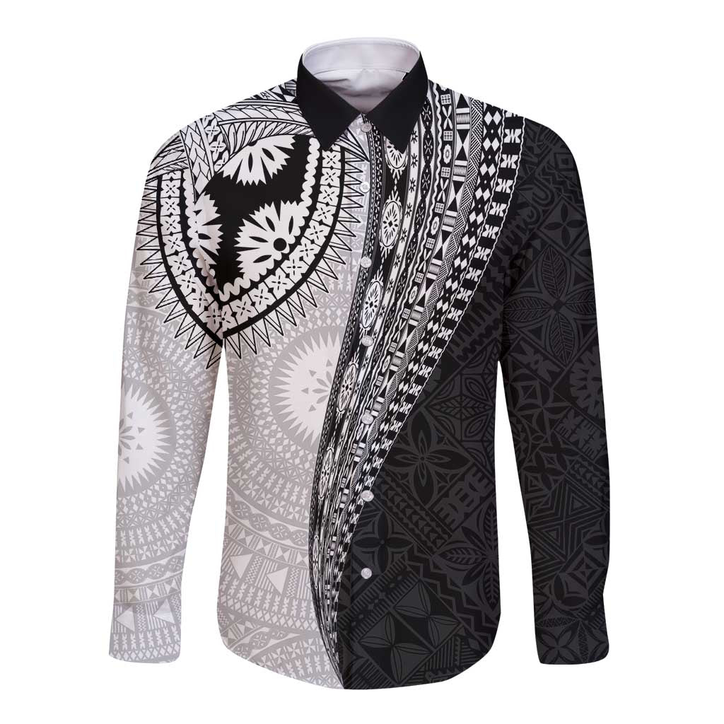 Fijian Masi Tattoos Long Sleeve Button Shirt with Tapa Tribal Pattern LT03 Unisex White - Polynesian Pride