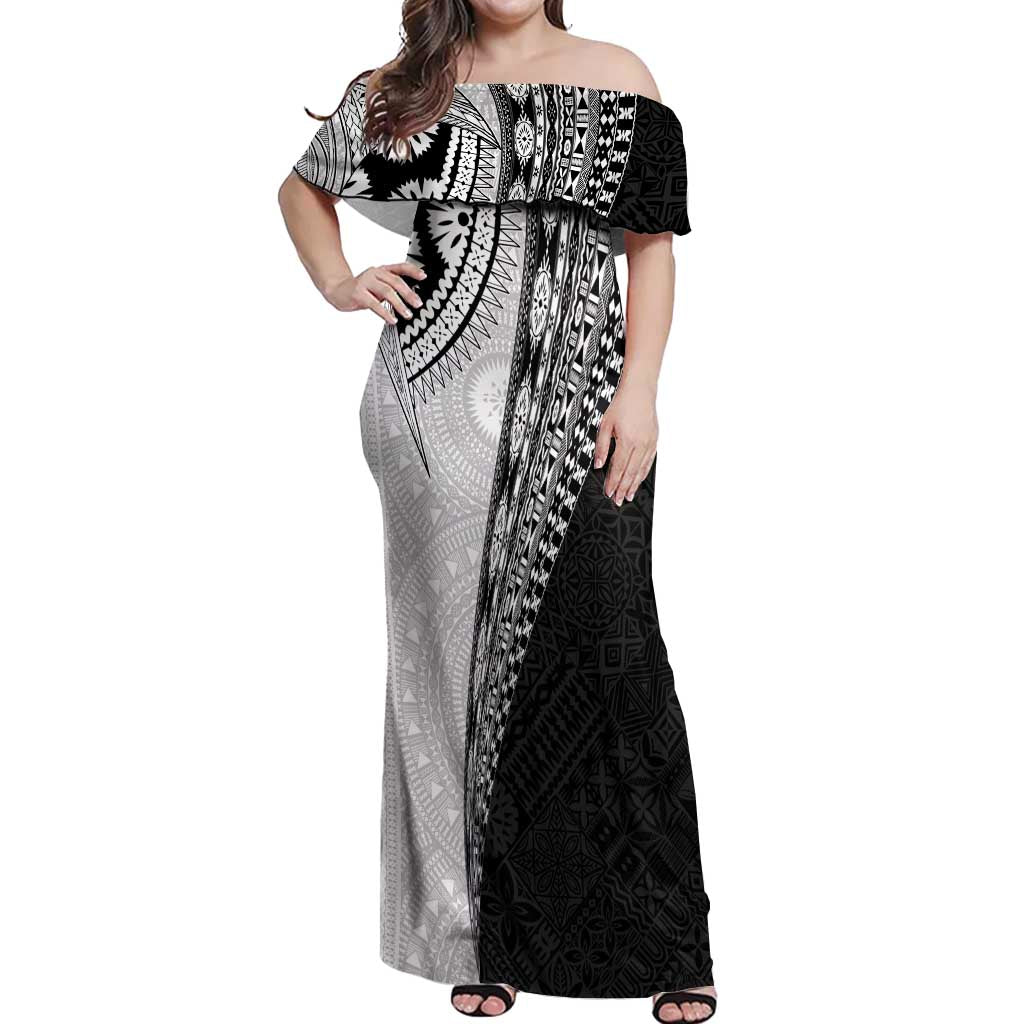 Fijian Masi Tattoos Off Shoulder Maxi Dress with Tapa Tribal Pattern LT03 Women White - Polynesian Pride