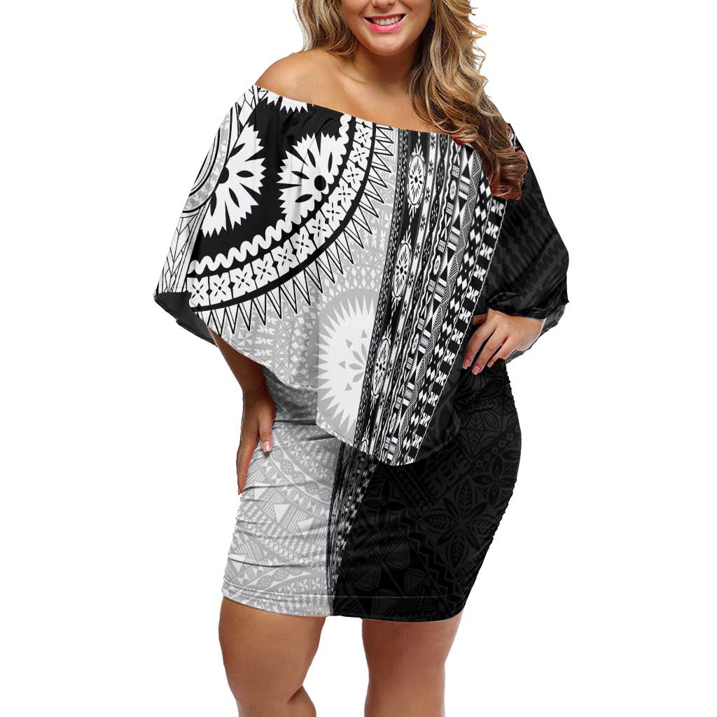Fijian Masi Tattoos Off Shoulder Short Dress with Tapa Tribal Pattern LT03 Women White - Polynesian Pride
