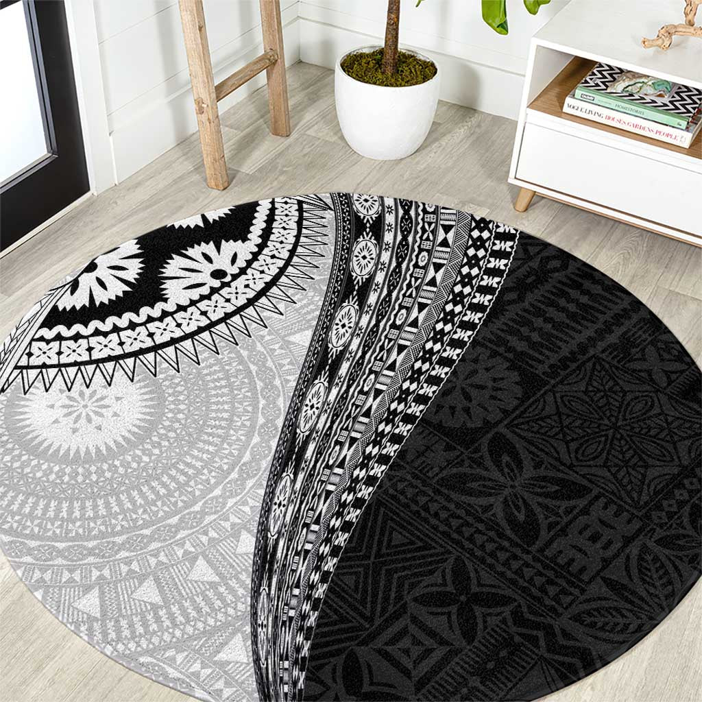 Fijian Masi Tattoos Round Carpet with Tapa Tribal Pattern LT03 White - Polynesian Pride