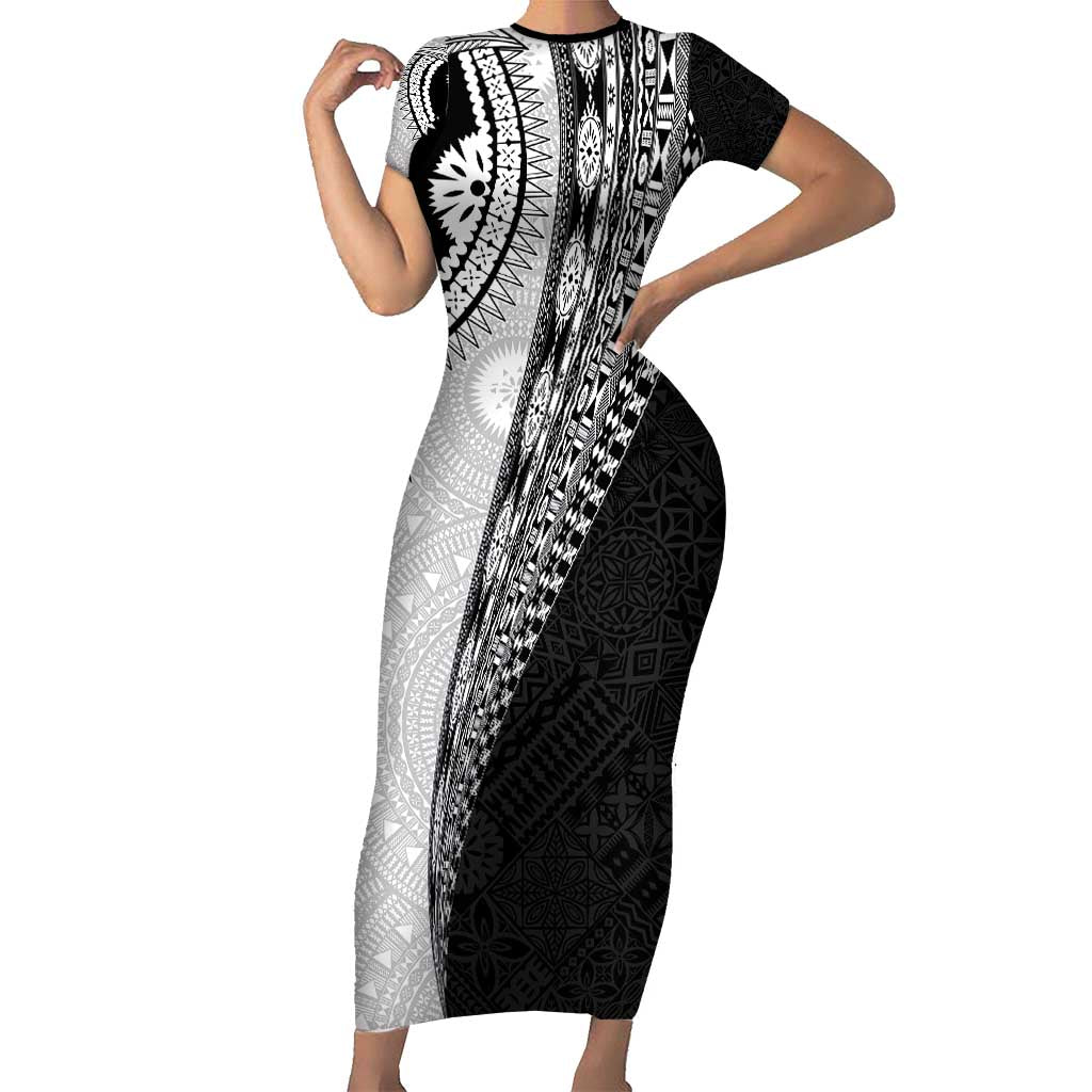 Fijian Masi Tattoos Short Sleeve Bodycon Dress with Tapa Tribal Pattern LT03 Long Dress White - Polynesian Pride