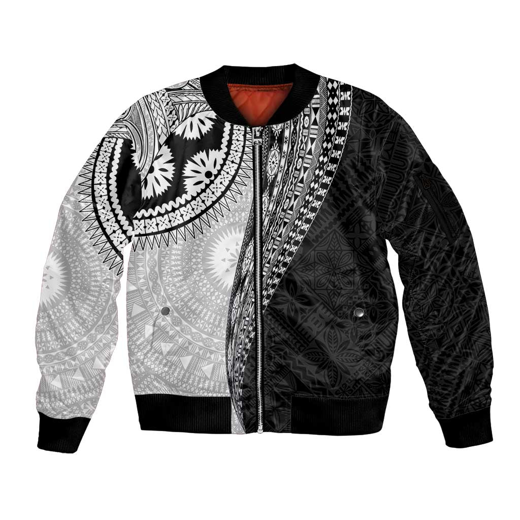 Fijian Masi Tattoos Sleeve Zip Bomber Jacket with Tapa Tribal Pattern LT03 Unisex White - Polynesian Pride