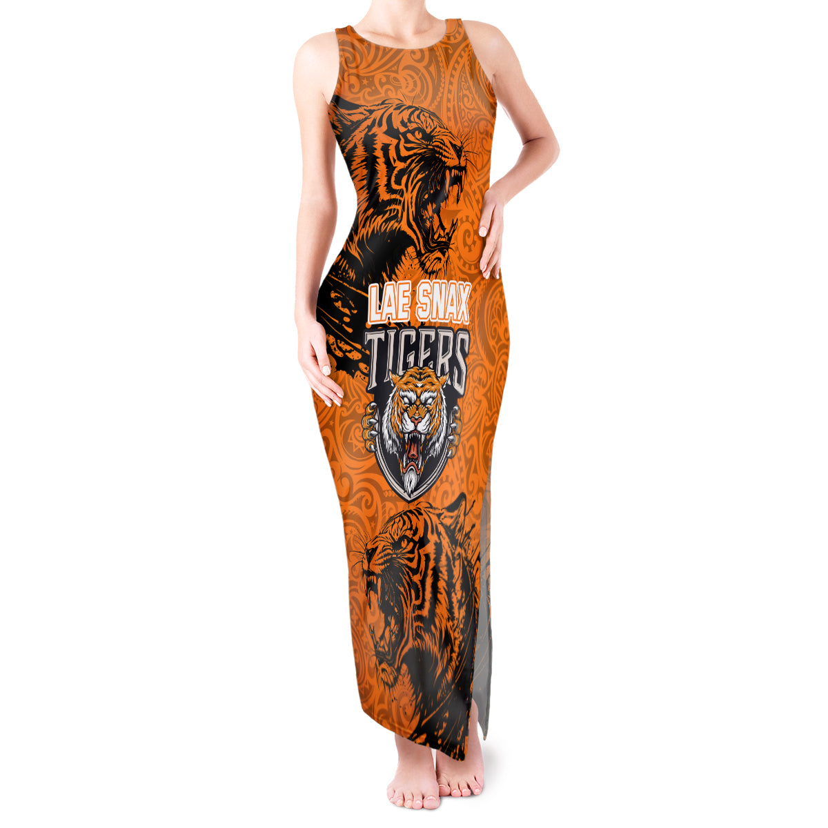 PNG Lae Snax Tigers Rugby Tank Maxi Dress The Tigers Head and PNG Bird Polynesian Tattoo LT03 Women Orange - Polynesian Pride