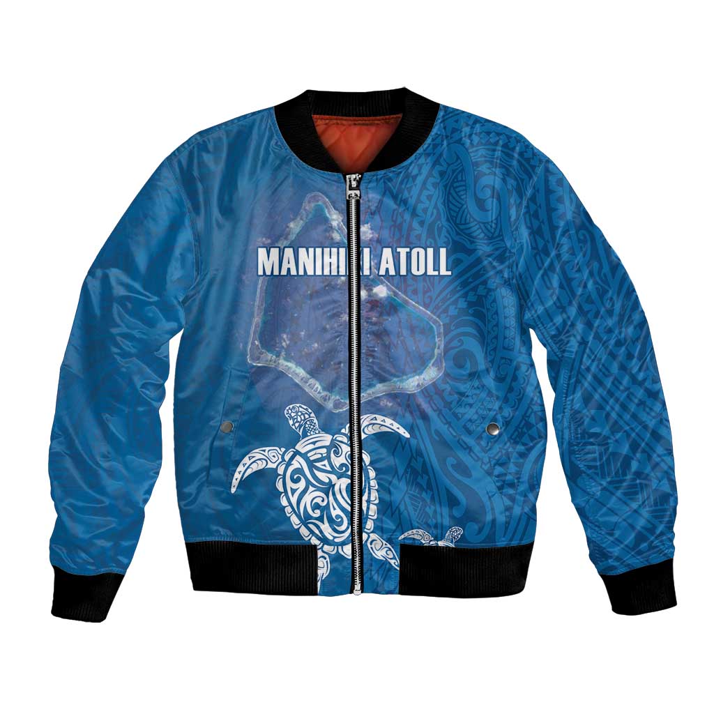 Cook Islands Manihiki Atoll Bomber Jacket Maori Turtle and Polynesian Pattern LT03 Unisex Blue - Polynesian Pride