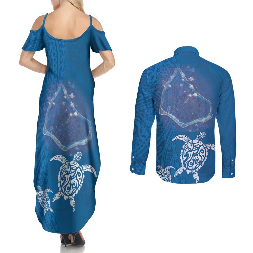 Cook Islands Manihiki Atoll Couples Matching Summer Maxi Dress and Long Sleeve Button Shirt Maori Turtle and Polynesian Pattern LT03 - Polynesian Pride