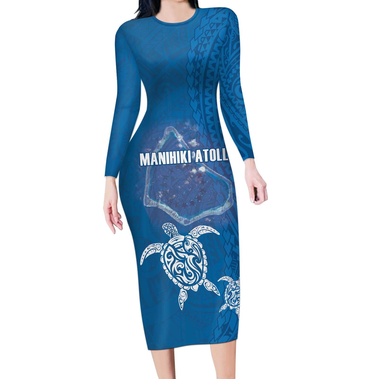 Cook Islands Manihiki Atoll Long Sleeve Bodycon Dress Maori Turtle and Polynesian Pattern LT03 Long Dress Blue - Polynesian Pride