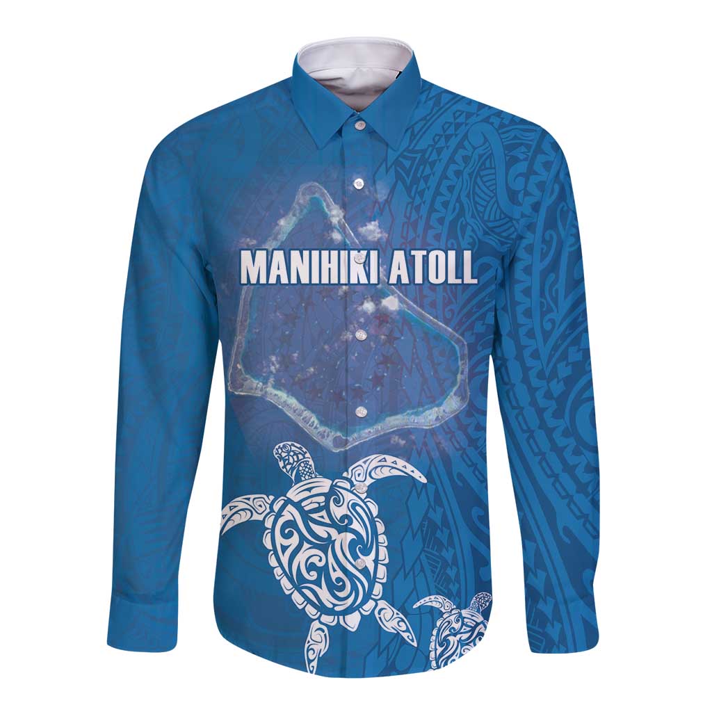 Cook Islands Manihiki Atoll Long Sleeve Button Shirt Maori Turtle and Polynesian Pattern LT03 Unisex Blue - Polynesian Pride