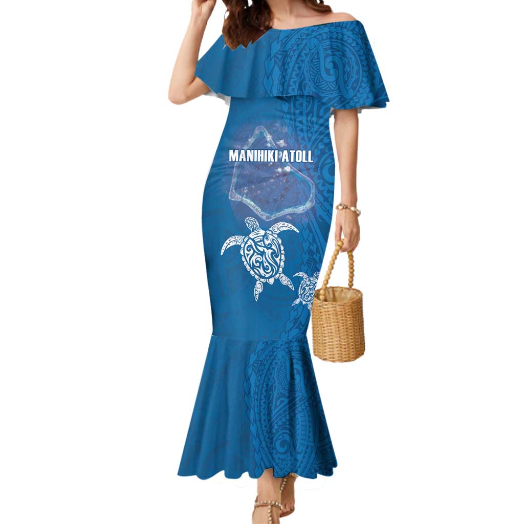 Cook Islands Manihiki Atoll Mermaid Dress Maori Turtle and Polynesian Pattern LT03 Women Blue - Polynesian Pride