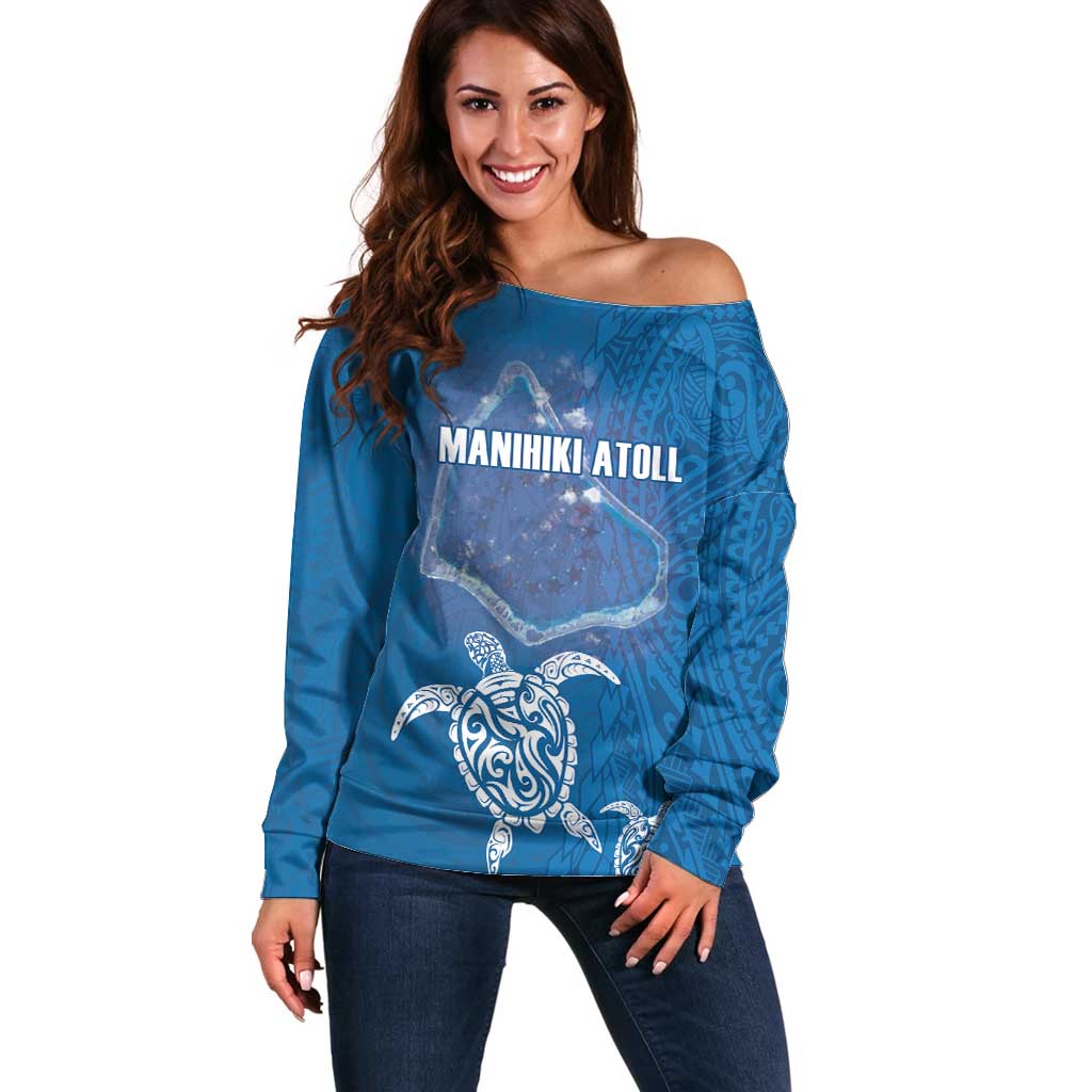 Cook Islands Manihiki Atoll Off Shoulder Sweater Maori Turtle and Polynesian Pattern LT03 Women Blue - Polynesian Pride