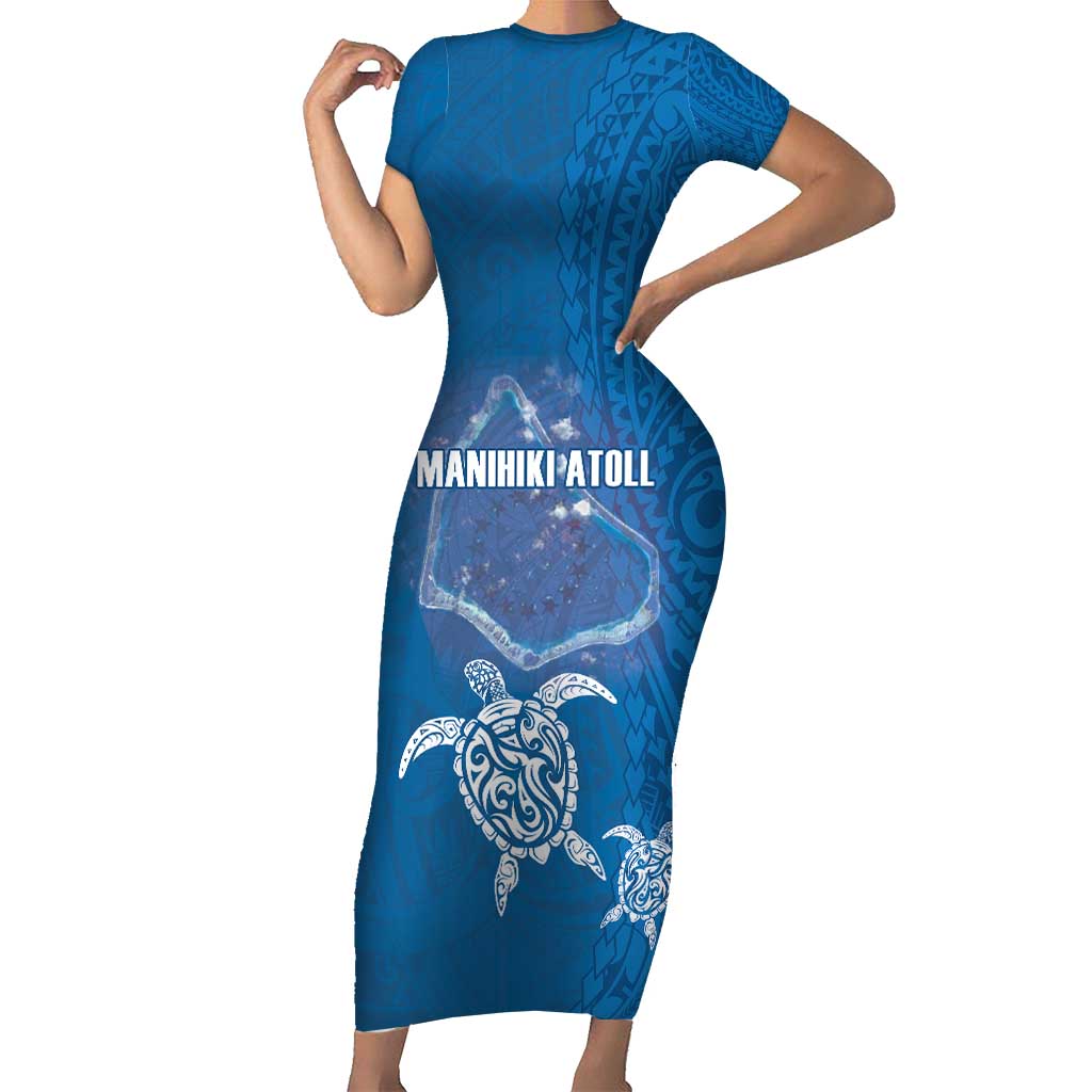 Cook Islands Manihiki Atoll Short Sleeve Bodycon Dress Maori Turtle and Polynesian Pattern LT03 Long Dress Blue - Polynesian Pride